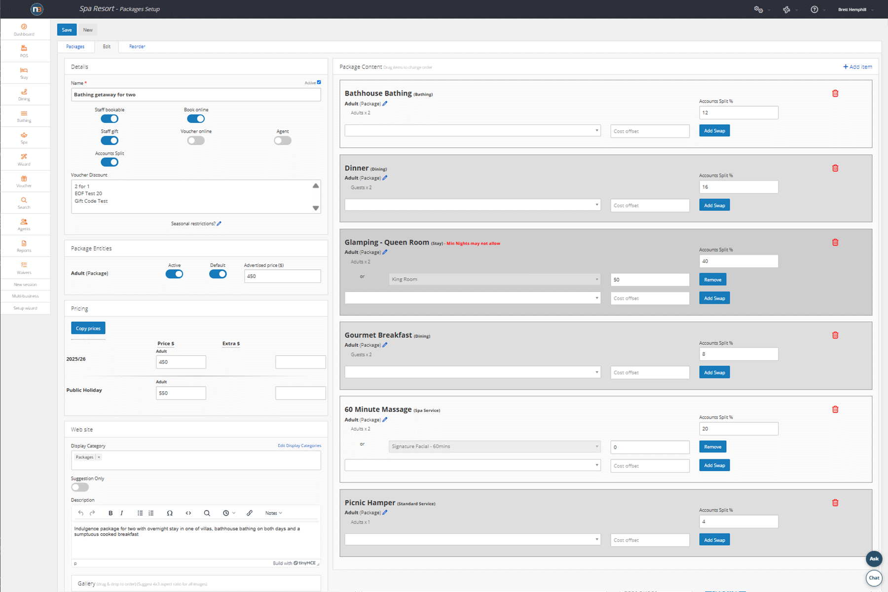 Back-end package setup showing six components with swap options, accounts split percentages and seasonal pricing